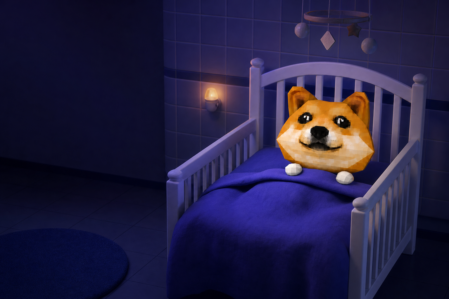 Baby Dog tucked under a cobalt blanket in a white crib in a moonlit nursery, a small night light glowing on the wall