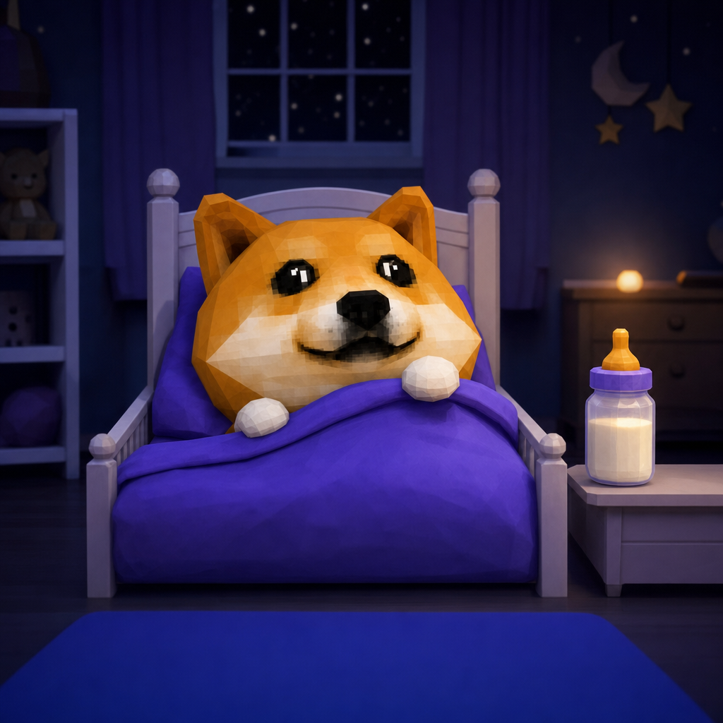 Baby Dog in a small bed under a purple blanket, a warm bottle of milk on the nightstand and stars outside the window